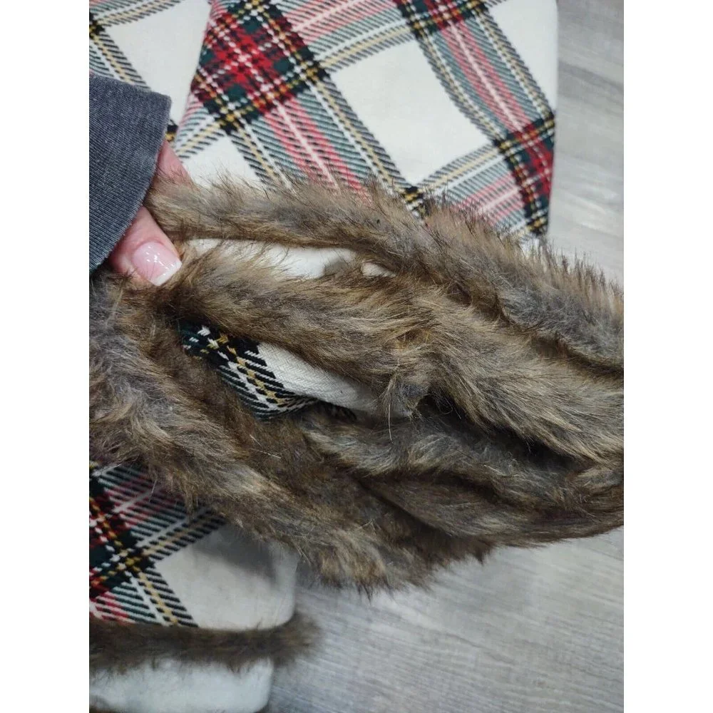 CHRISTMAS TREE Fabric Check SKIRT PLAID Faux Fur Trim Lined Ashland 48